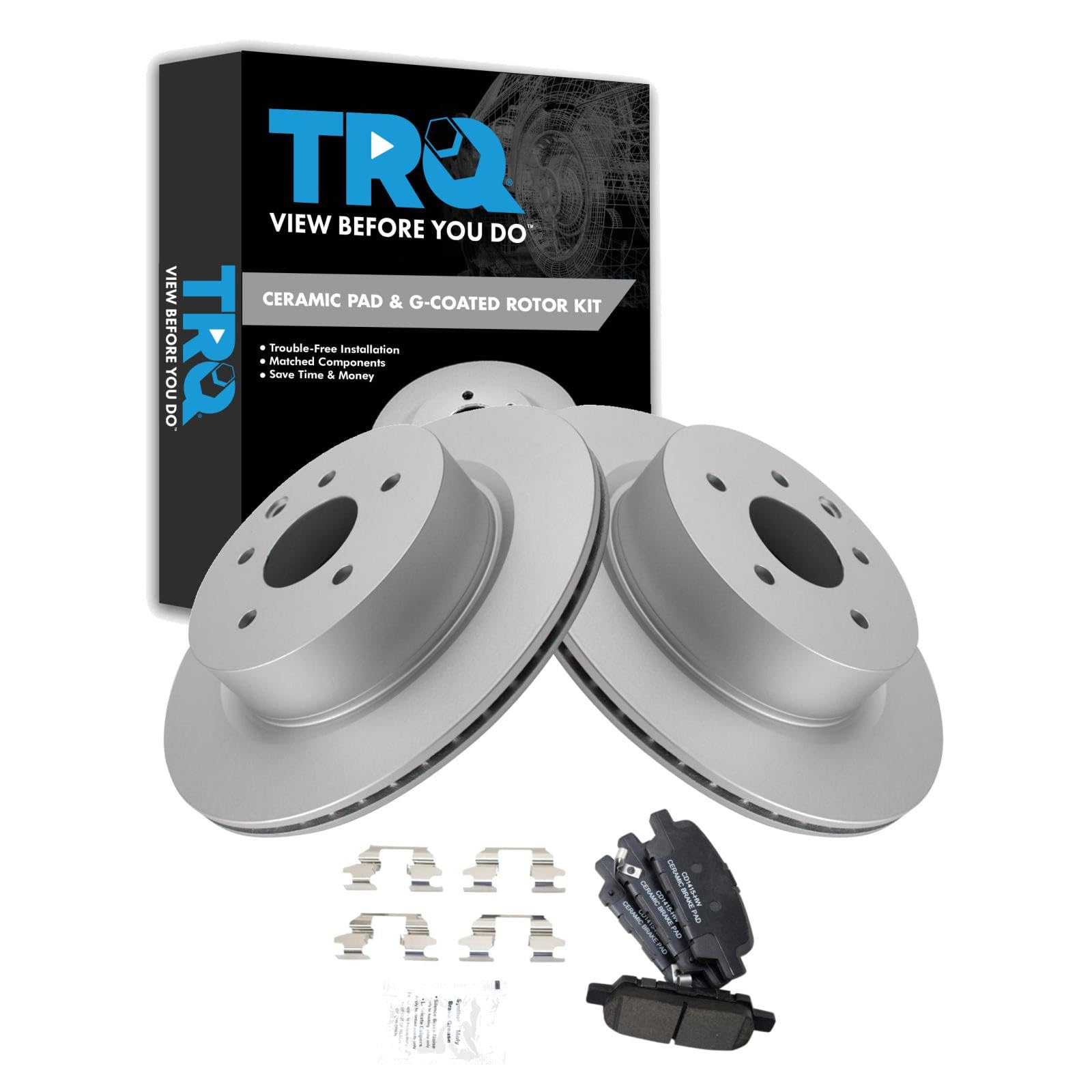 TRQ Rear Brake Pad and Rotor Set Ceramic Coated Compatible with 2005-2008 Infiniti G35 2006-2009 M35 M45 2007-2009 Nissan 350Z 2009-2017 370Z 2010-2012 EX35 2011-2012 G25 2011-2013 G37 2014-2017 QX50