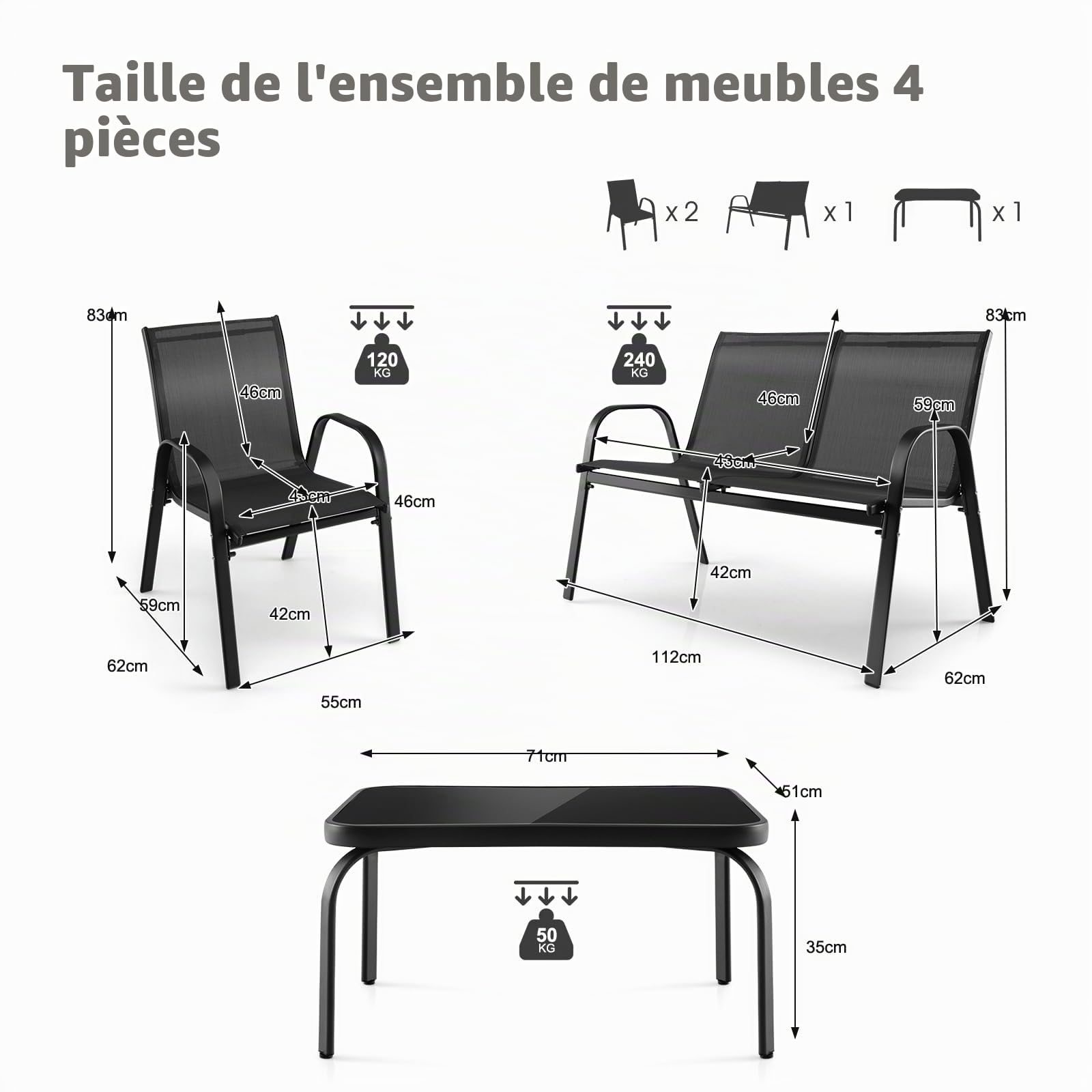 KOMFOTTEU Salon Jardin 4 Personnes, 2 Fauteuils, Canapé, Table Basse, Noir