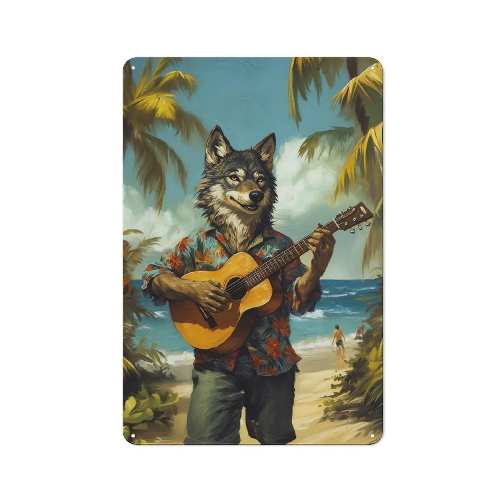Junmoney Wolf Playing Guitar On Tropical Beach 30X20cm Rustic Metal Sign With For Hobby Room Or Studio, Metal Sign Decor For Hobby Rooms And Studios