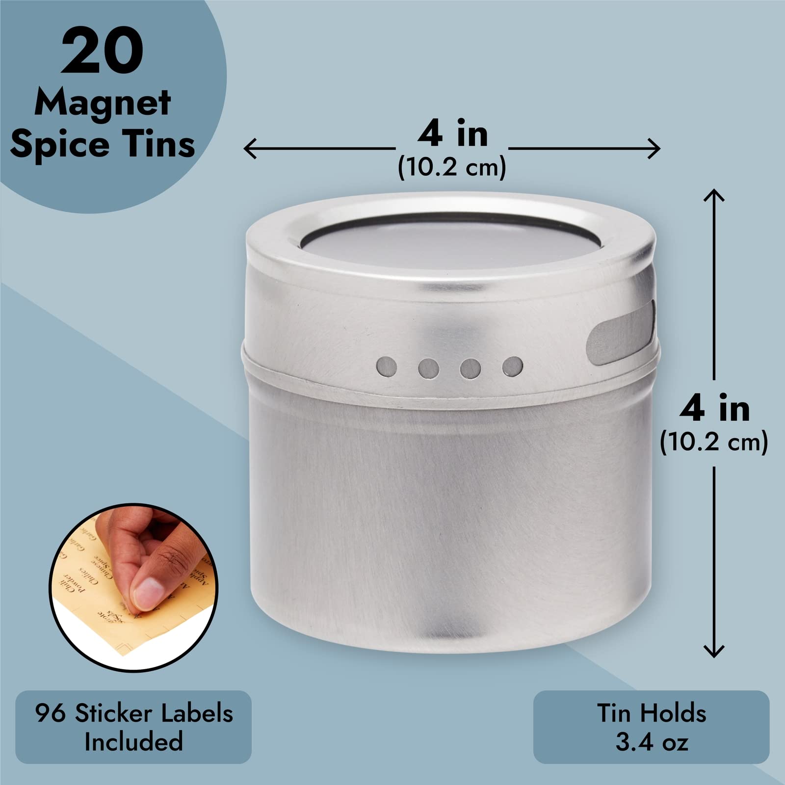 Set of 20 Magnetic Spice Containers Storage Tins with Clear Sift and Pour Lids + 94 Labels, 3.4-oz Metal Seasoning Jars for Refrigerator