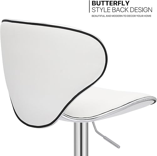 Miniatura 5 de MoNiBloom Juego de 2 taburetes de bar giratorios ajustables, modernos taburetes de barra de cuero sintético blanco con respaldo alto y reposapiés