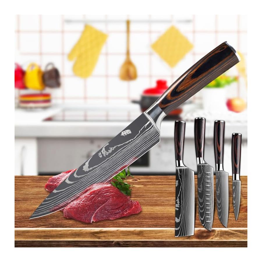 KEPEAK 5 Piece Kitchen Knife Set, Chef Knife Santoku Cleaver Paring Knives High Carbon Steel, Pakkawood Handle for Vegetable Meat Fruit