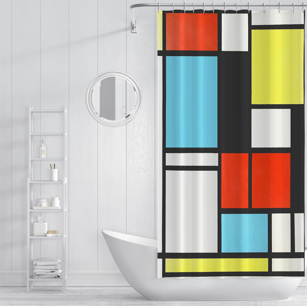 Geometrischer Gitter-Duschvorhang Leuchtend rot Gelb Blau Schwarz Farbblock Stoff Badevorhang mit Haken wasserdichte Moderne Badezimmerästhetik 150 x 200 cm