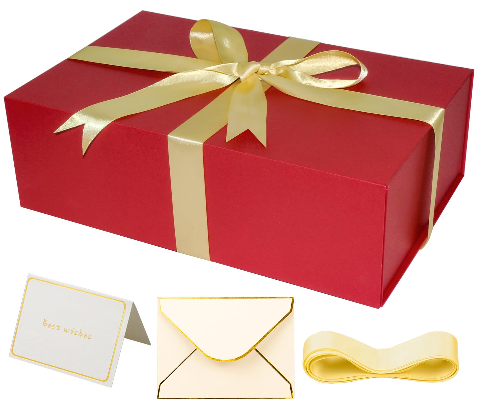 YINUOYOUJIA Red Gift Boxes with Lid,14"x9"x4.5" Magnetic Gift Box with Ribbon,Cards and Envelopes for Presents,Great for Wedding,Birthdays,Crafting,Gift Packaging.