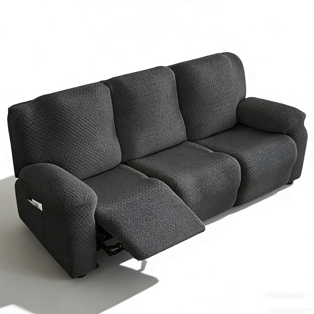 Paquete de 8 fundas para sillón relax de 3 plazas, funda extensible todo en uno, lavables, con bolsillos, funda para sillón, para sillón de TV, tumbona (gris oscuro)