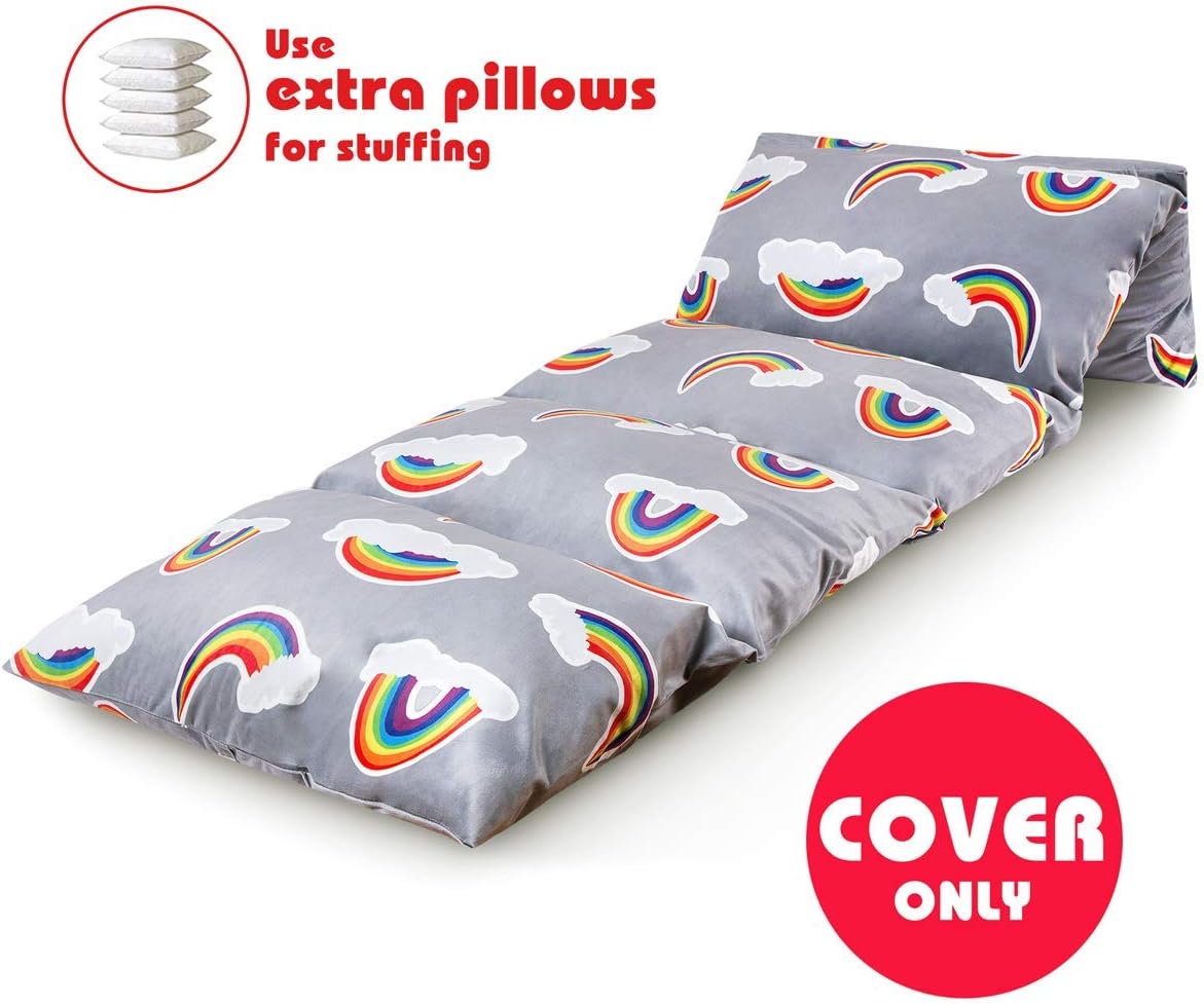 BROLEX Floor Lounger Pillow Bed Cover for Kids,(Pillow Not Included) Comfortable Seat for Reading, Naps, Watching TV, or Sleepovers,Playing, Soft Minky Fabric,Rainbows.