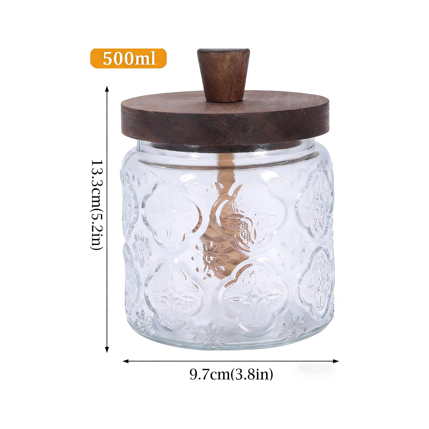 Bicchiere da miele con coperchio in legno, dispenser per miele in vetro con coperchio a chiusura ermetica per cucina e tavolo da colazione, contenitore per miele trasparente con cucchiaio di