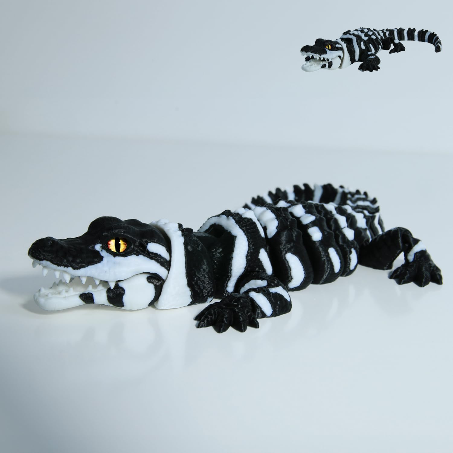 3D Printed Articulated Crocodile - Opening Mouth and Glass Eyes - Flexible Joint Animal Models - Surprise Gifts for Fidget Enthusiasts - Made from PLA - Black and White