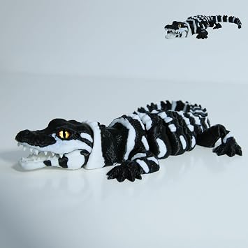 3D Printed Articulated Crocodile with Glass Eyes, Black and White