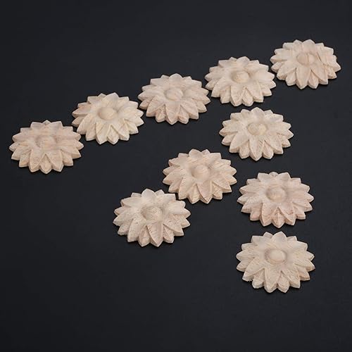 Miniatura 7 de MUXSAM Paquete de 10 rosetas de madera, apliques pequeños onlay, sin pintar, calcomanías redondas de tallado de flores para el hogar, armarios,