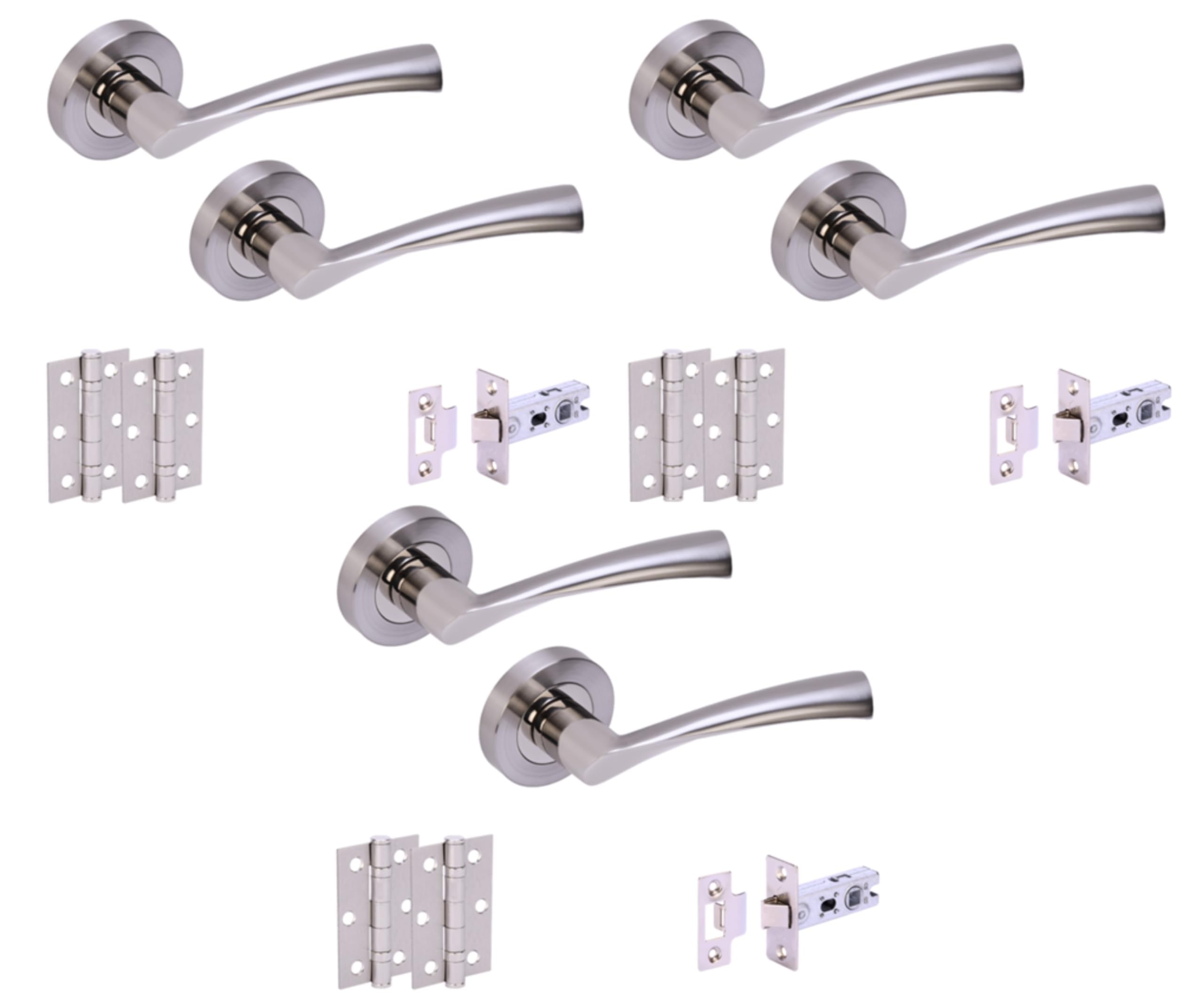 Hunta Polished Nickel / Satin Nickel Handlezone® 3 Sets Lobo Internal Door Handles On Rose Lever Latch Packs With 75Mm Ball Bearing Hinges And 76Mm Latches - Dual Polished/Satin Nickel