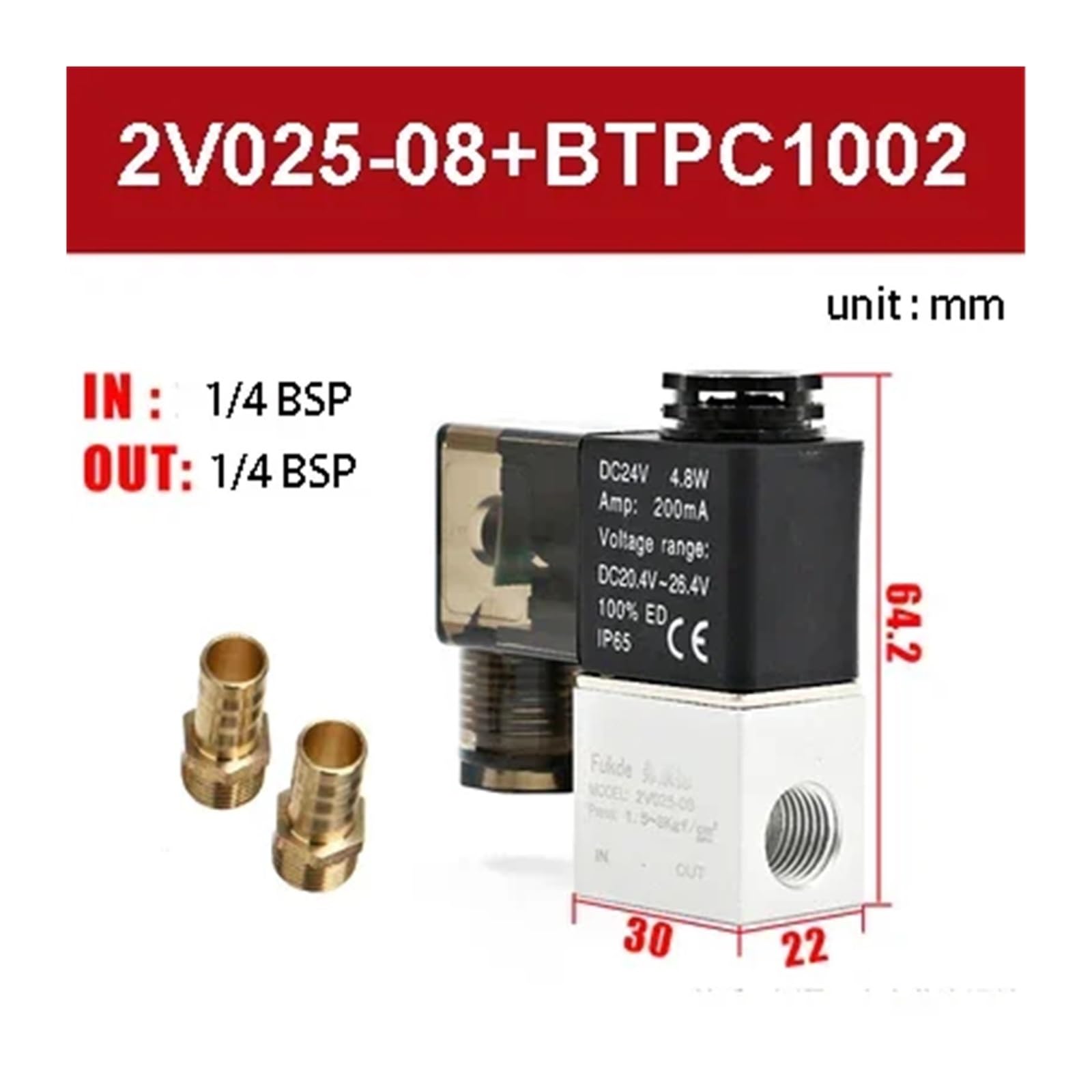 Válvulas solenoides de Aire 2V025-08 Válvula solenoide neumática 2 Posiciones y Puertos 1/4" Normalmente Cerrada 12 V, 24, 110 220(2v025-08 W Btpc1002,220 Volt)