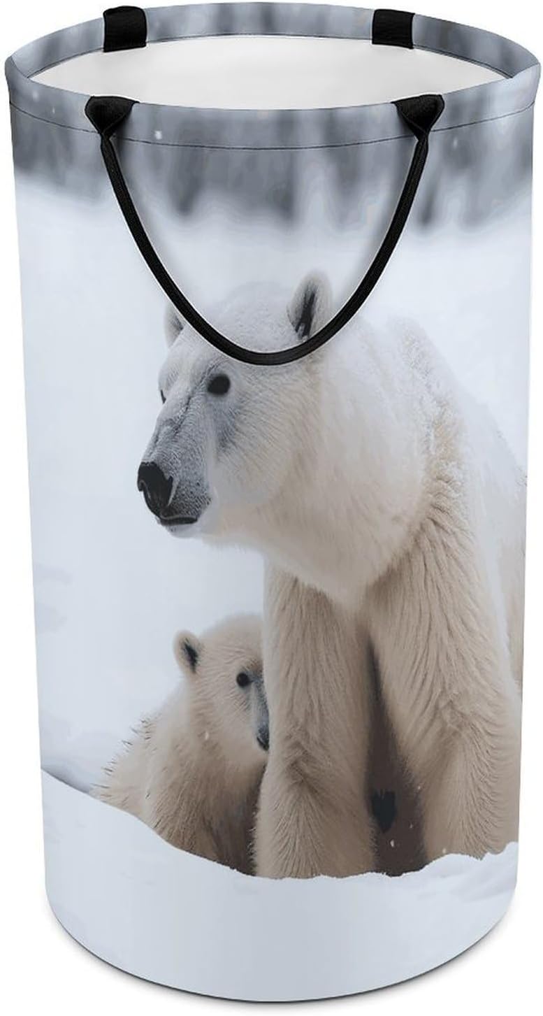 Large Laundry Hamper with Handles Snow Animal Polar Bear Laundry Basket Freestanding Waterproof Clothes Hamper for Living Room Bedroom Bathroom College Dorm