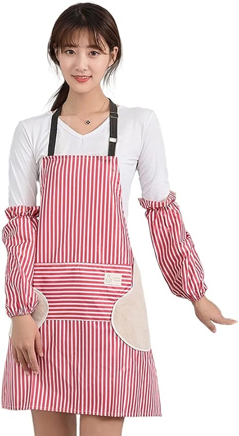 Amazon Co Jp Pippinism エプロン レディース 女性用 保育士 おしゃれ かわいい 防水 前掛け 作業服 カフェ 大人用 赤ストライプ ホーム キッチン