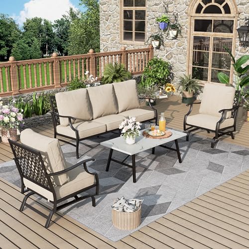 Patio Furniture Set 4 pcs Outdoor Patio Furniture 3 Seat Sofa 2 Rocking Chairs Metal Coffee Table and 575 Extra Thick Cushion Patio Conversation Set for Garden Backyard DeckBeige