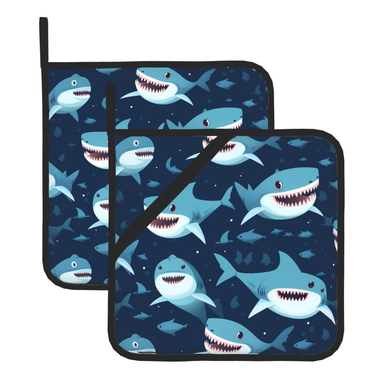 HJFCZH Smiling Shark Printed Square Insulated Pot Mat Set (2-Piece) 8x8in Waterproof, Thickened & Easy to Clean with Lanyard Design for Kitchen, Oven & BBQ