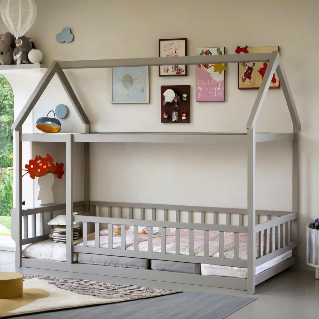 Twin Size Montessori Floor Bed with Roof & Fence for Boys Girls Bedroom,Twin Size Platform Solid Wood Bed Frame w/Safety Guardrails,Easy Assemble,No Box Spring Needed, Gray