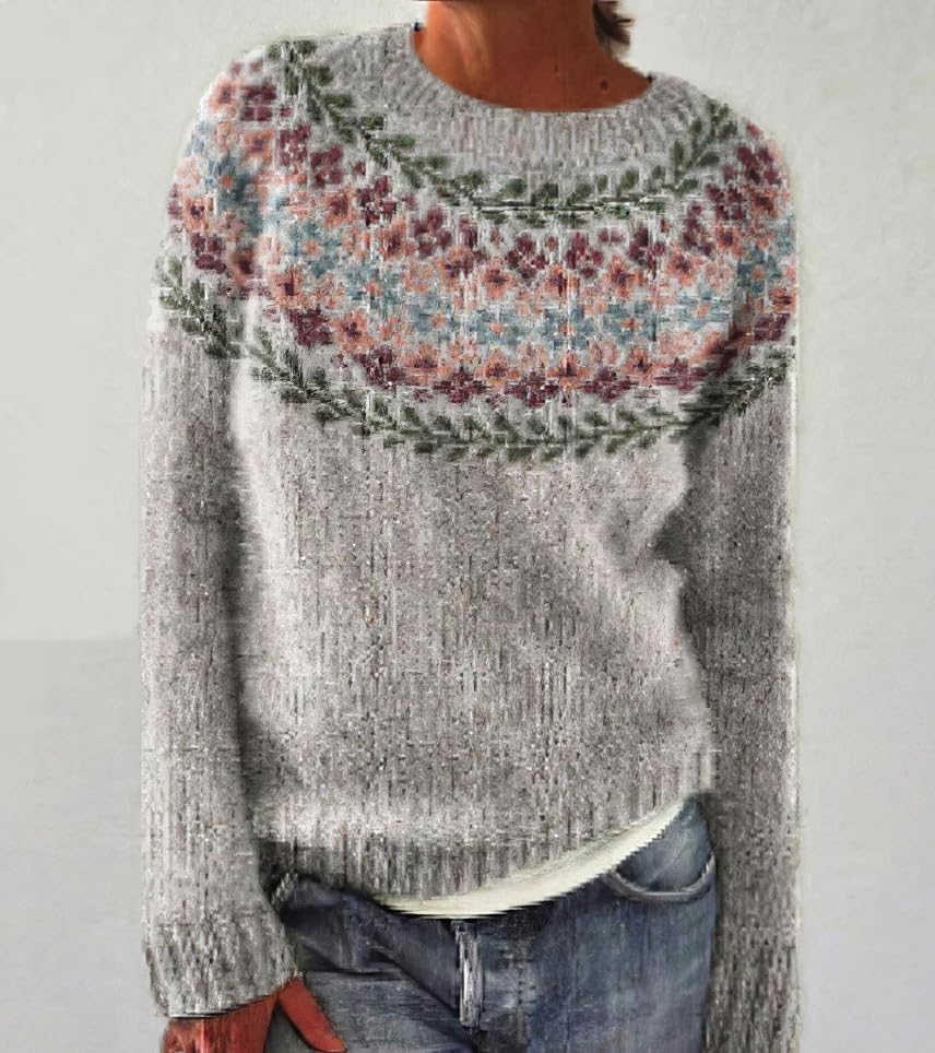 Women's Fair Isle Knit Pullover Sweater Oversized Casual Loose Crewneck Vintage Striped Long Sleeve Jumper Tops - Image 2