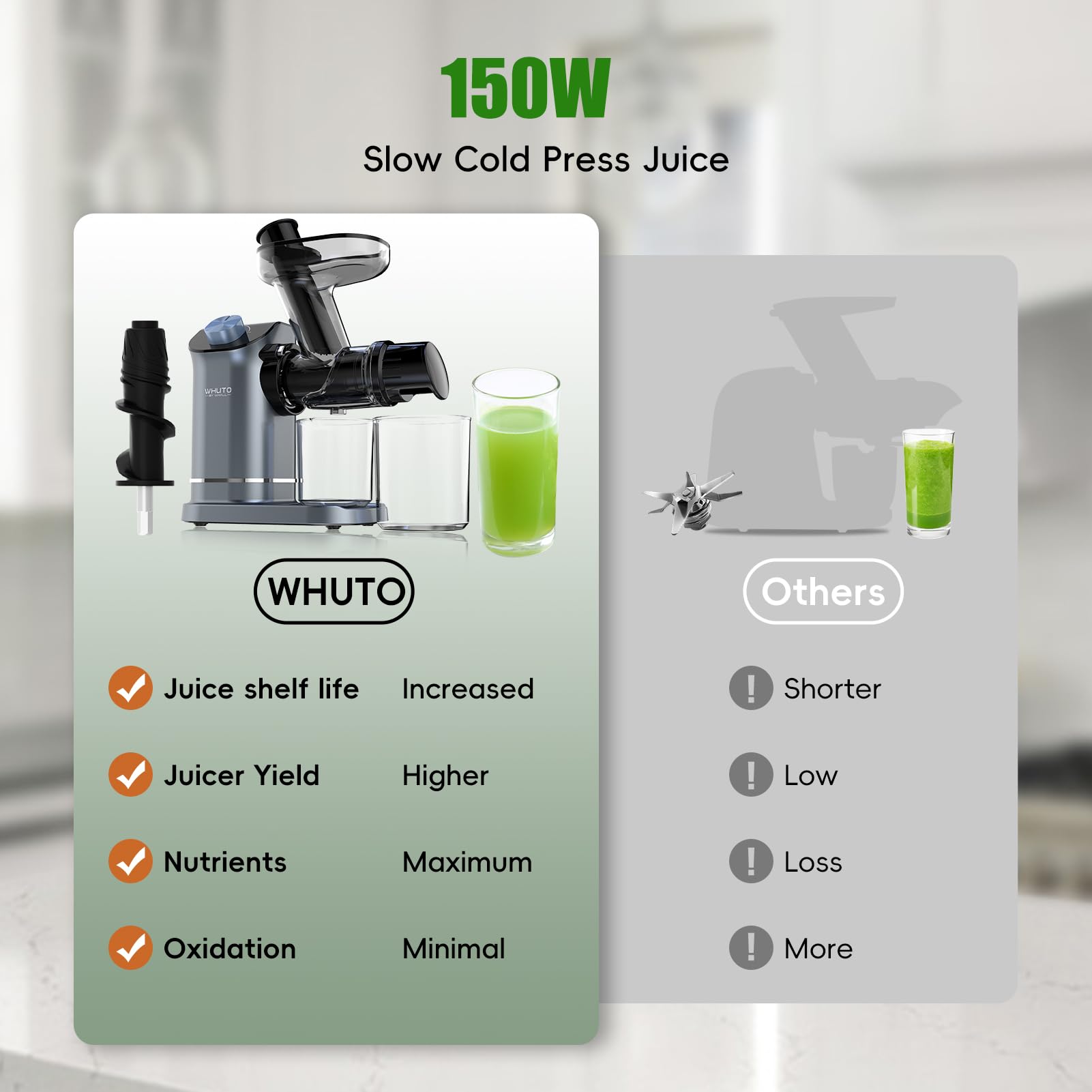 WHUTO Masticating Juicer, High Juice Yield Cold Press Juicer Machines, Electric Juicer Maker For Vegetable & Fruit, Reverse Function & Quiet Motor, Easy Clean With Brush, Carrot & Celery Juicer, BLUE