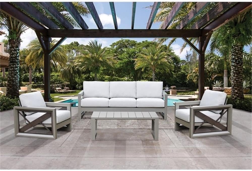 Pemberly Row Modern Coastal Aluminum Patio Cocktail Table, 47" W x 24" D x 17" H, Rust-Resistant Gray Powder Coated Finish, Slatted Top, Sled Style Legs, Outdoor Coffee Table for Patio or Deck Use