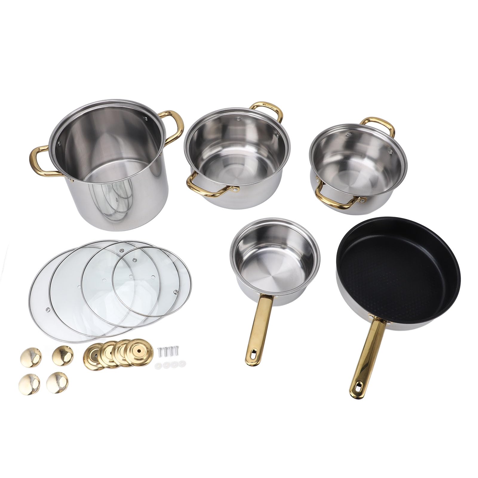 Juego de utensilios de cocina ergonómicos de acero inoxidable con asas doradas, ollas y sartenes multifuncionales con tapas de cristal, ideal para cocina
