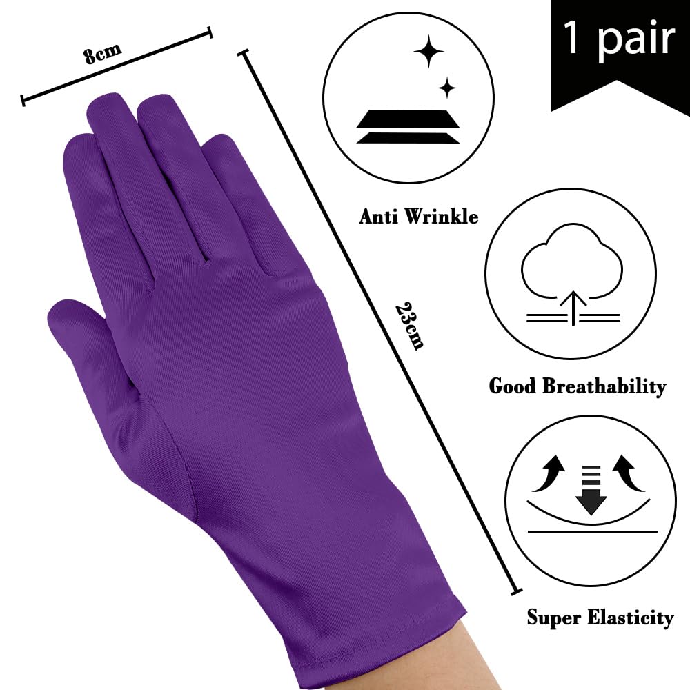 Leislam Satin Gloves for Women - Opera, Short, Vintage Halloween Costume Accessories - Purple (1 Pair), Purple-Gloves, Average size - Image 3