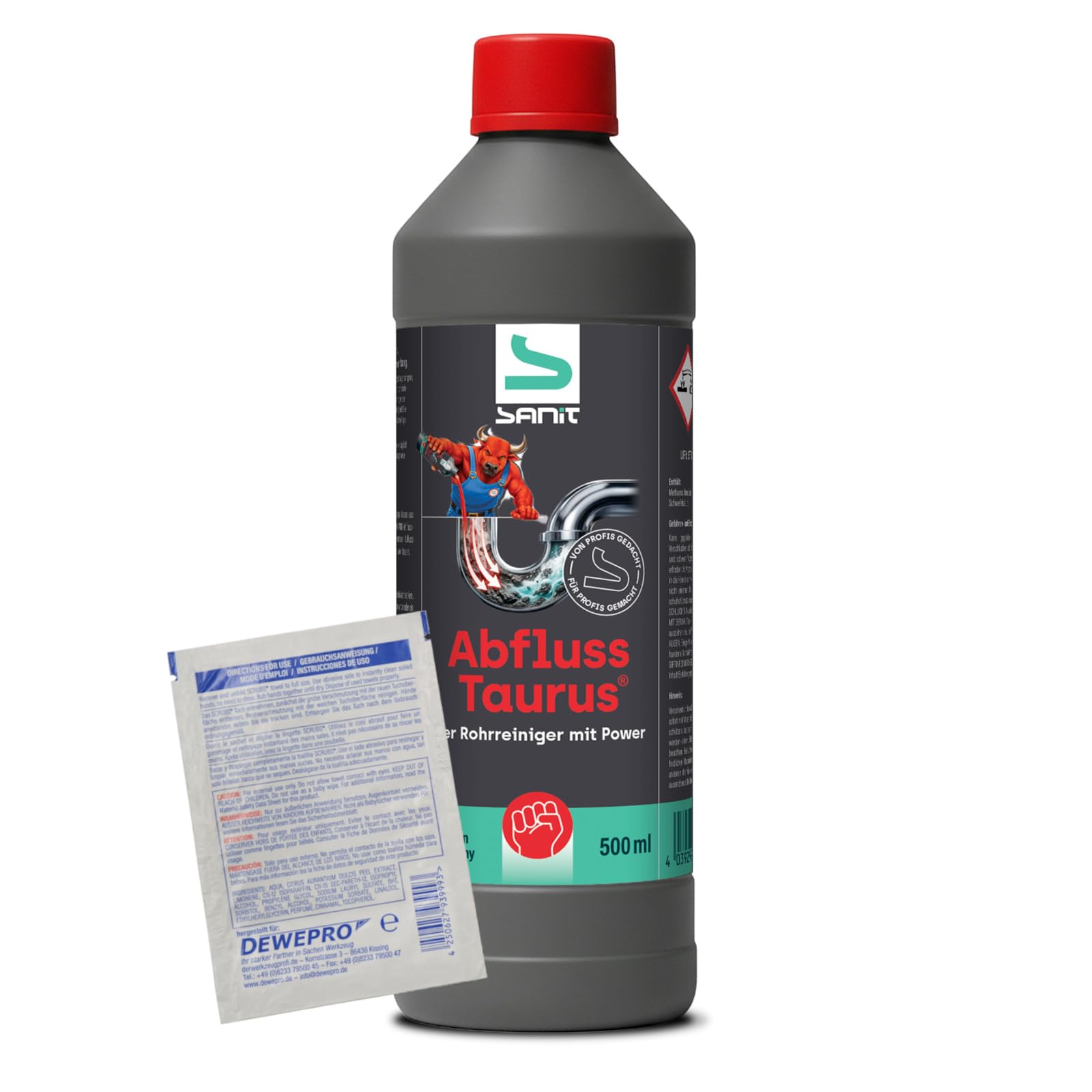 DEWEPRO-Set: SANIT AbflussTaurus Rohrreiniger 500 ml - Abflussreiniger gegen Verstopfung, Fett, Haare & Kalk - starker Rohrentstopfer mit Tiefenwirkung inkl. 1. St. DEWEPRO SingleScrubs