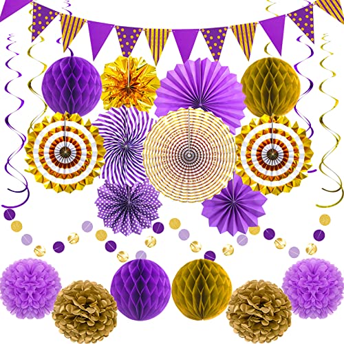 Image of Purple Gold Party Decorations, Graduation Season Hanging Glitter Triangle Flags Banner Paper Fan Tissue Pom Poms Garlands, Women Girl Party, Bridal Shower, Purple Themed Birthday