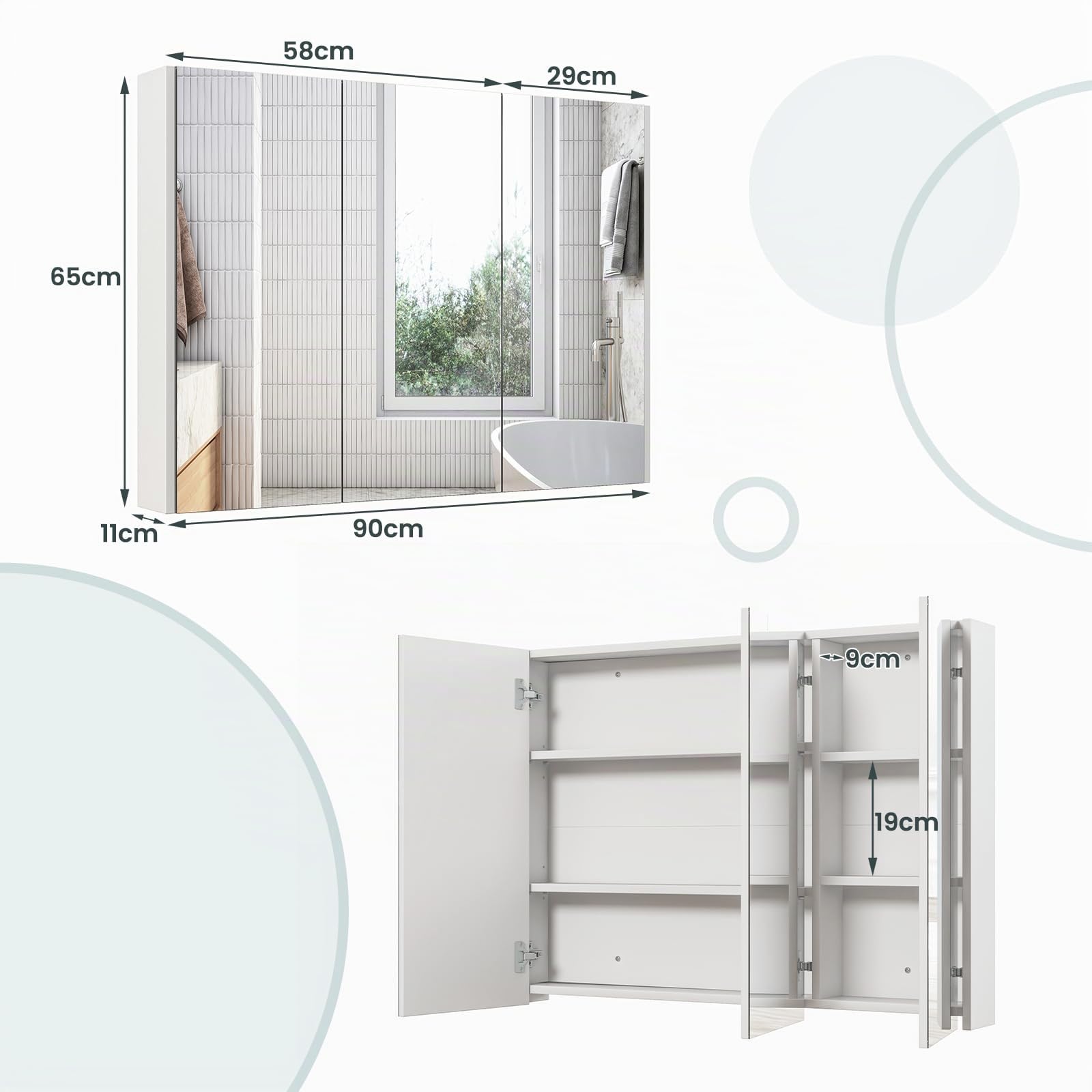 GIANTEX Armoire Murale de Salle de Bain avec 3 Portes à Miroir Complète, Meuble de Rangement en Bois Étagères Réglable, 90 x 11 x 65 cm, Blanc