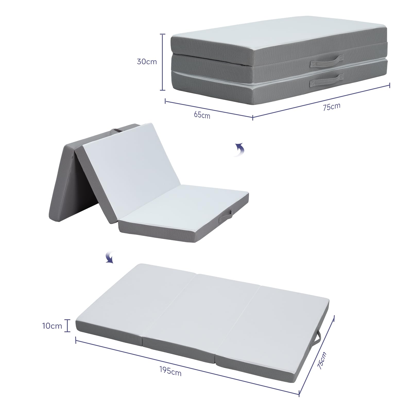 Z-hom Matelas Pliable 75 x 195 x 10 cm, Housse Souple Oeko-TEX, lit d'appoint Matelas, Matelas de Sol, Éponge Haute densité, dureté H3, Blanc+Gris