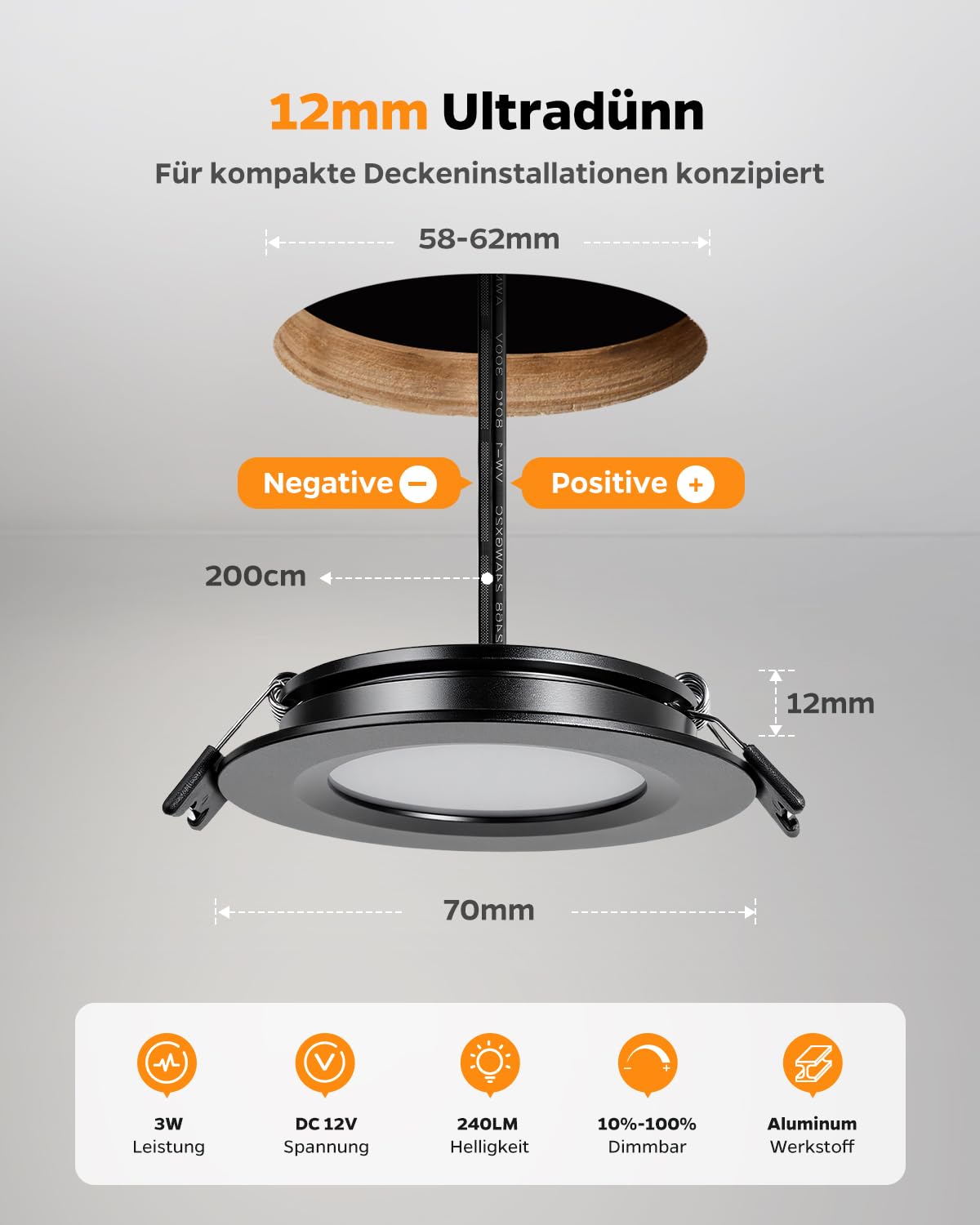 Sanyoung 3er Set LED Einbaustrahler 12V, 3W Alu LED Spot 12V Dimmbar 3000K Warmweiß 240LM, 12mm Ultra Flach Einbauleuchten Spots Loch 58-62mm, IP44 Einbauspots für Boot Wohnwagen Schrank, Schwarz