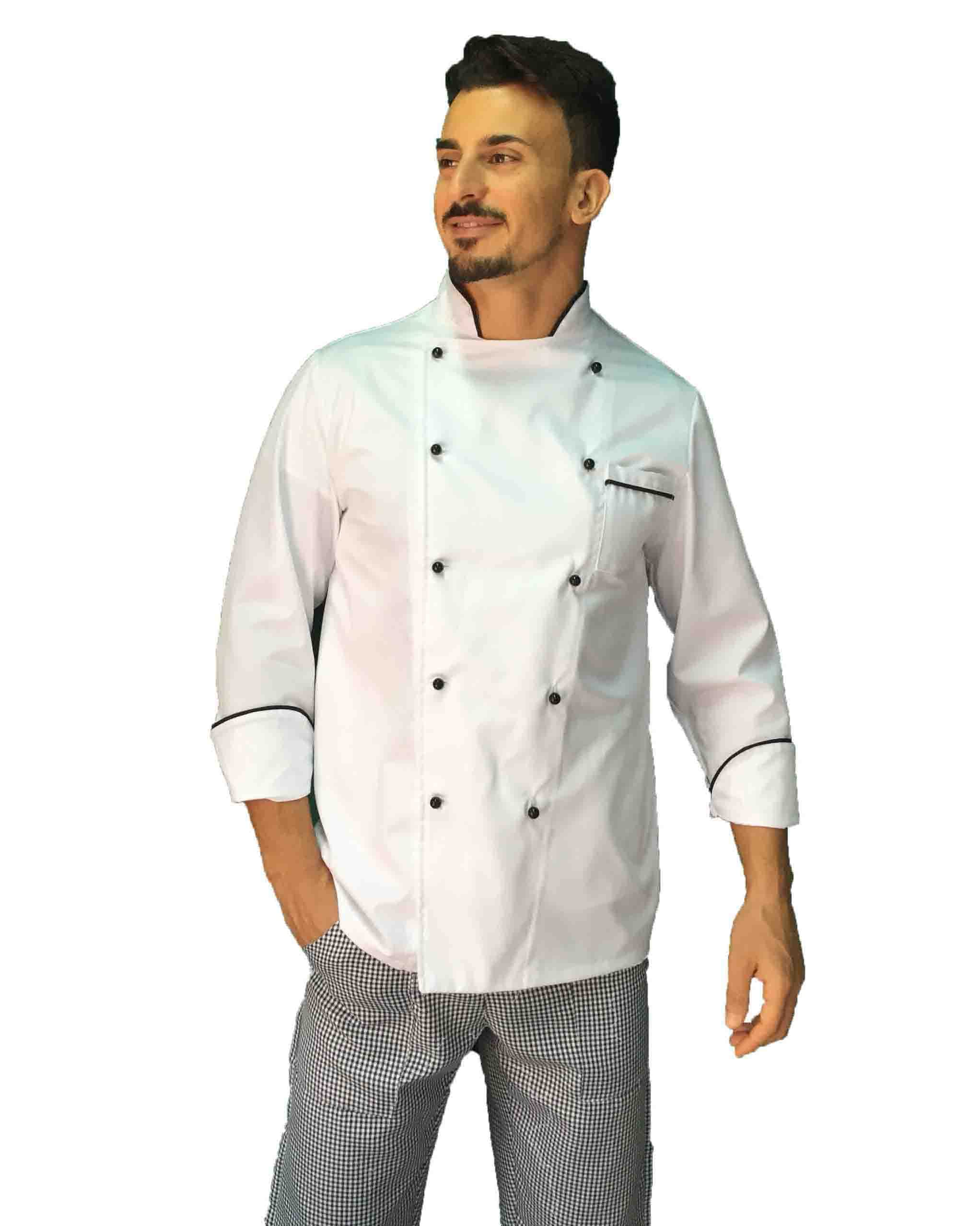 Bordado Gratuito Completo Cocinero Hombre Uniforme Chef Blanco Negro y Pied de Poule Personalizable Chaqueta, Pantalones y Delantal Uniforme para Cocina y Restaurante, Blanco