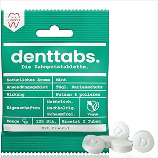 Teeth Cleaning Tablets with Fluorid Pack of 125 The Full-fledged Alternative to Toothpaste, Mint Vegan Plastic-Free Without preservatives. in The Original denttabs compostable Bag