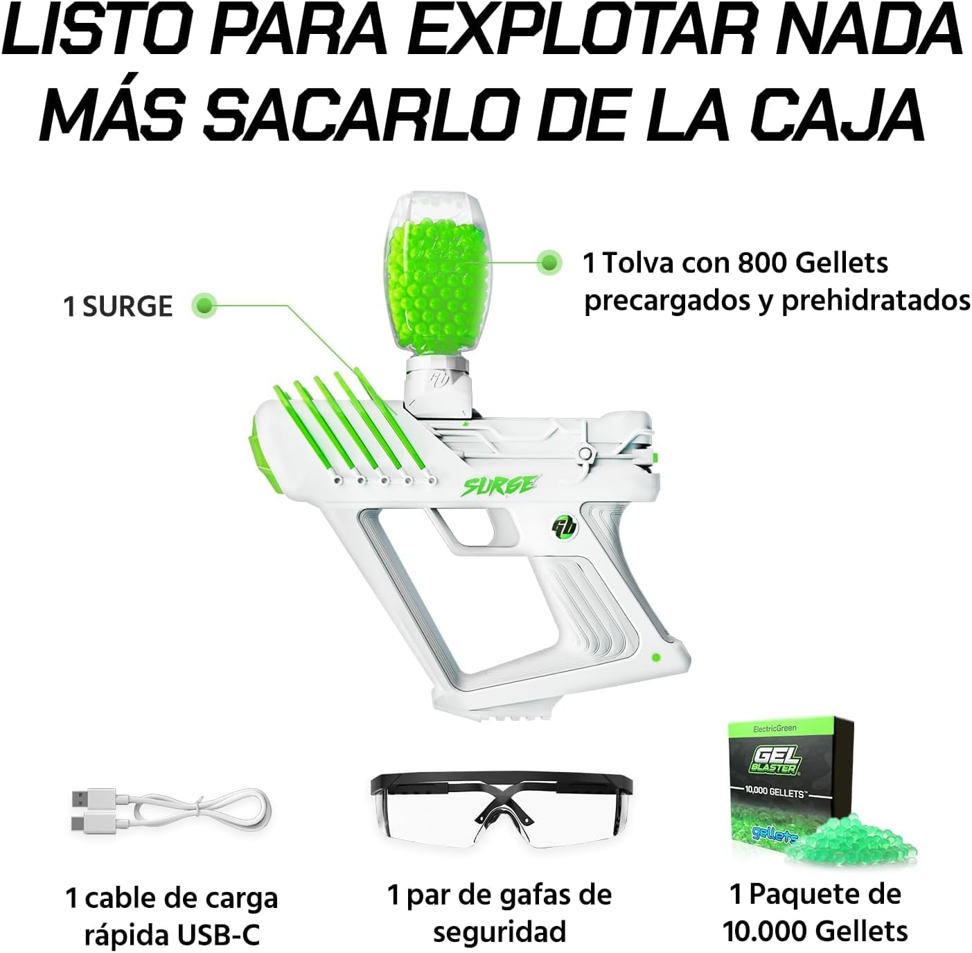 Gel Blaster The Original Surge - Lanzador de Bolas de Gel de Alto Rendimiento | Modos semiautomático y automático | 10K Rondas | Alcance de 30 Metros | Incluye 800 Rondas | para Mayores de 14 años