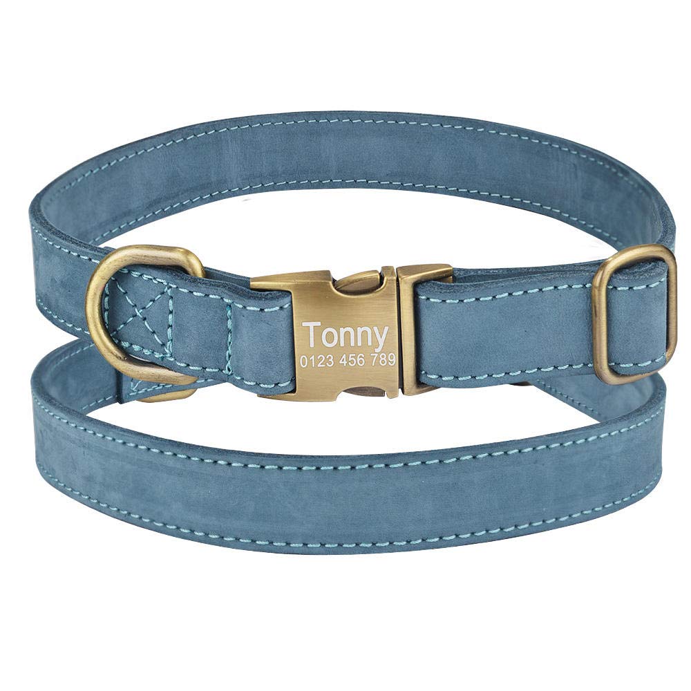 Collare per Cane in Pelle con Nome Personalizzato per Cucciolo, Fibbia per Ragazza Ragazzo con Incisione Personalizzata SL-Blue_L_ (36-55_cm)