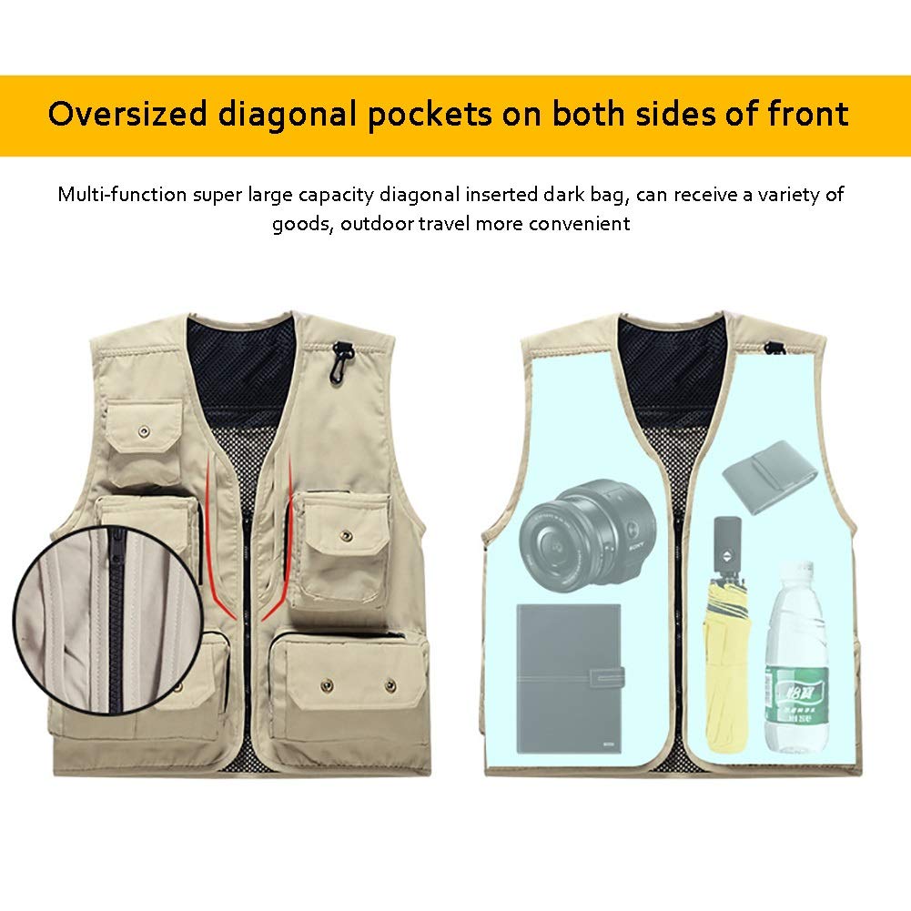 G&F Hommes Gilet Multi Poche Pêche Gilet Photographie Vêtements Travail pour Camping Randonnée Voyageant Dossier Pliable M-3XL (Color : Khaki, Size : XXL)