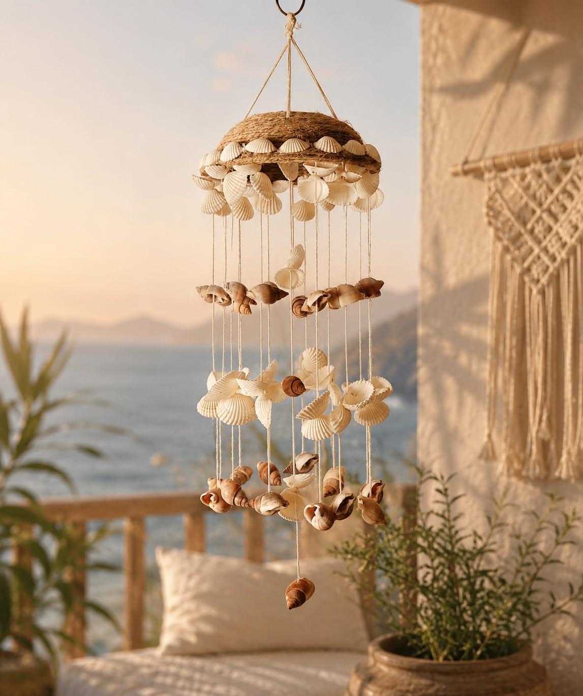 Shellkrafts Sea Shell Decorative Wind Chime for Home, Garden, Balcony Decor | Mini Door Hanger | Soothing Rain Sound & Very Lucky According to Vastu | Attracts Good Luck 37 Inch (White)-picture-15