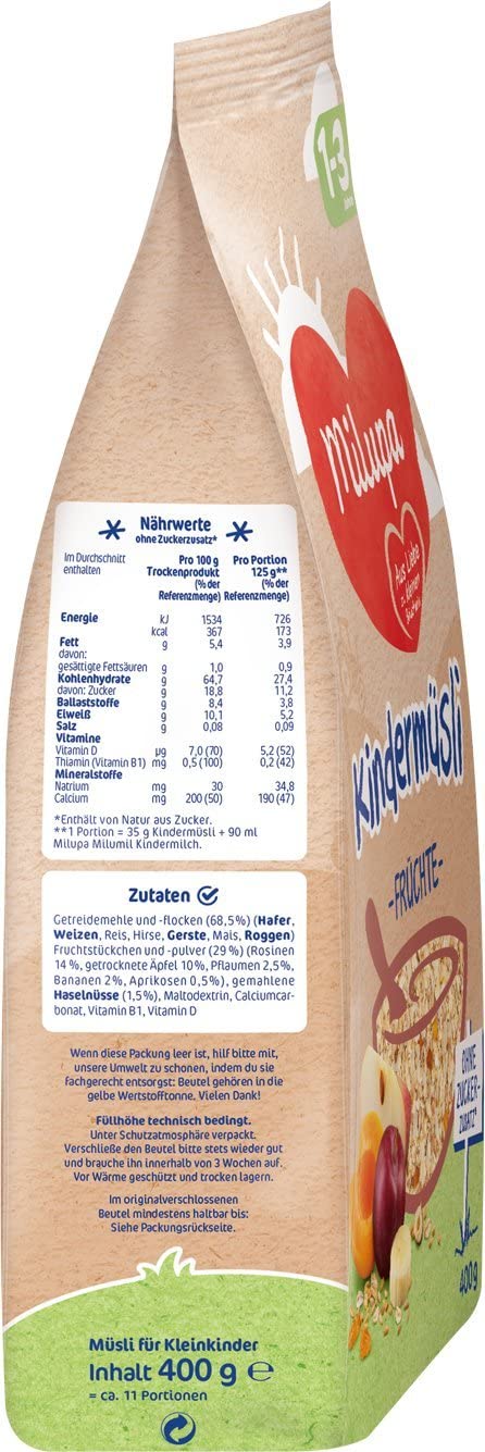 Milupa Kindermüsli Feine Früchte – Getreide Frühstück Müsli von 1 bis 3 Jahre, Ohne Zuckerzusatz, Babynahrung, 4 x 400g