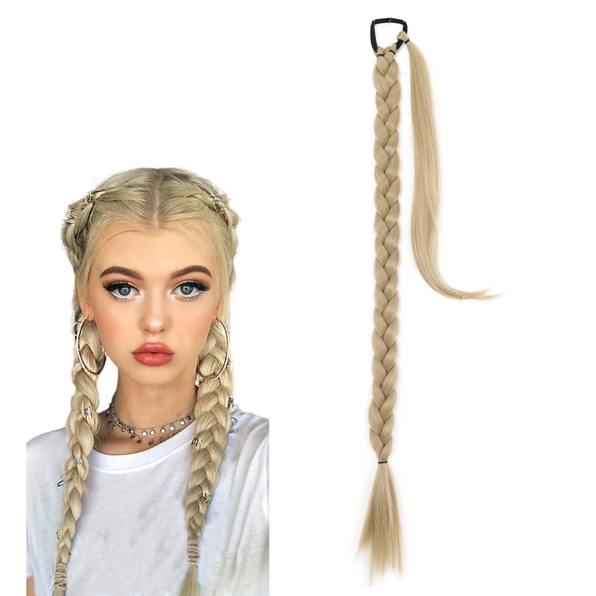 prinfantasy Ponytail Hair Extension Long Braided Hair Ash Blonde Straight Wrap Around With Scrunchies Seamless Ponytails for Women Synthetic Pony Hairpieces for Daily Wear Braiding Hair MW267