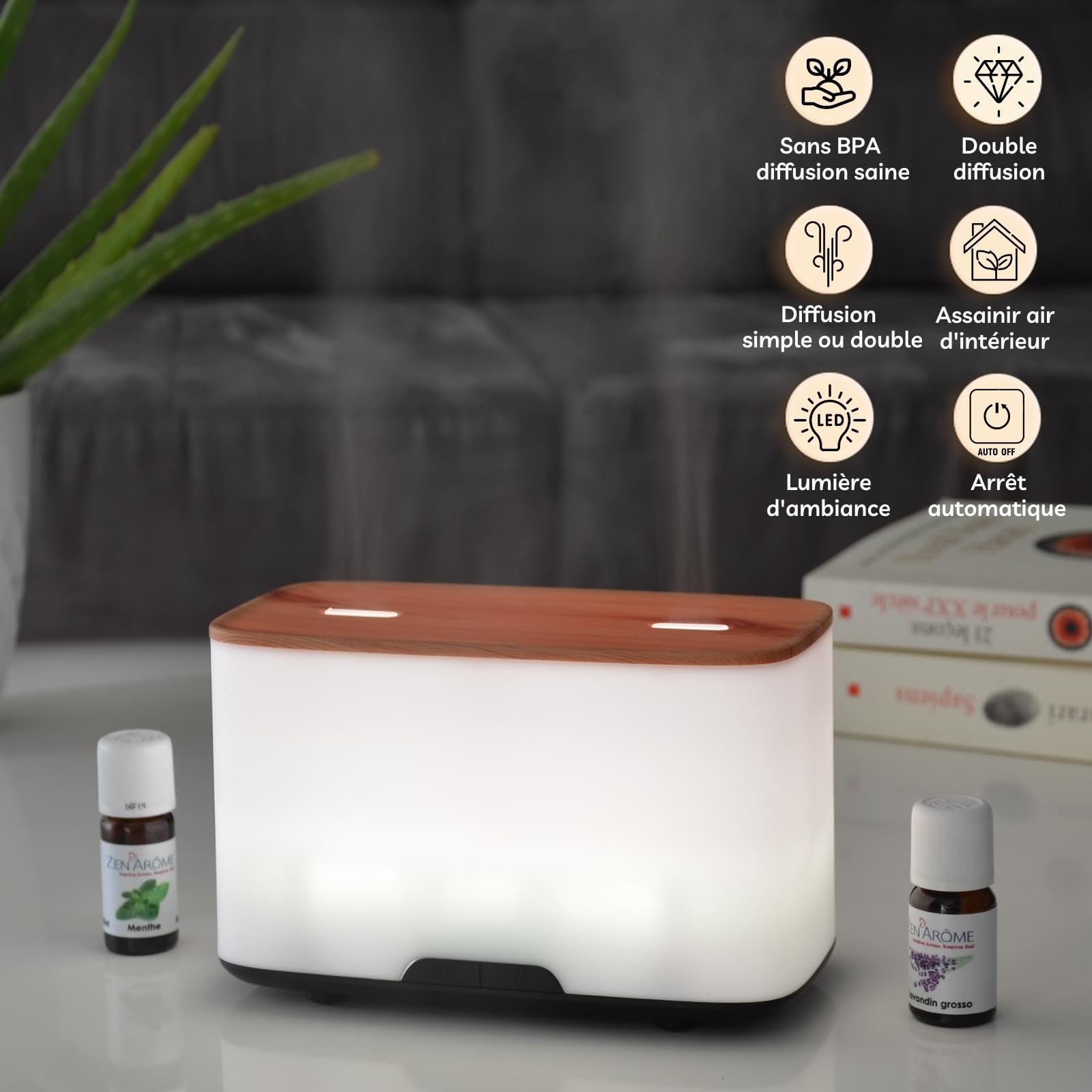 Zen’Arôme Diffuseur Ultrasonique Duo – Diffusion Huiles Essentielles à Froid Aromathérapie – Diffuseur Électrique pour Parfum Maison – Double Réservoir avec Diffusions Indépendantes ou Simultanées