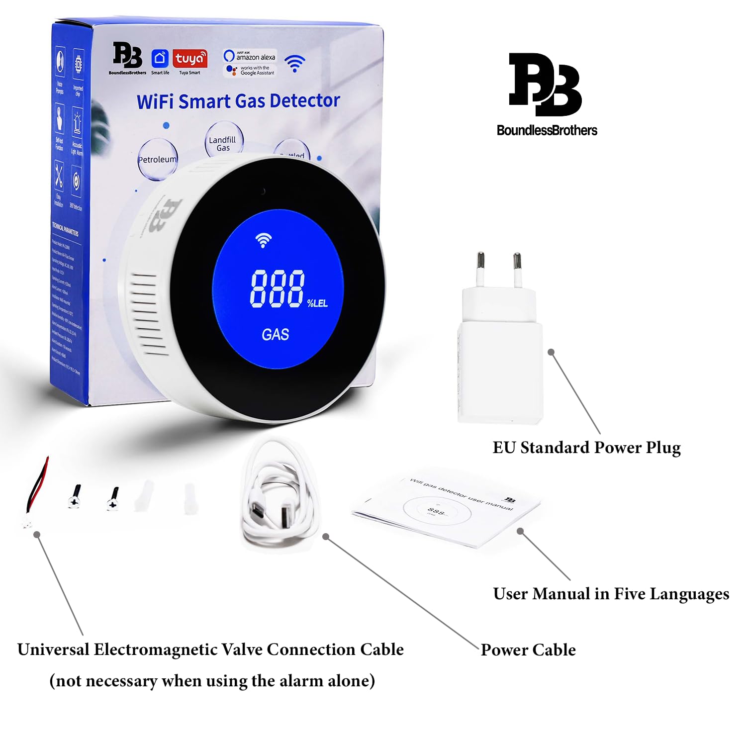 Czujnik Gazu WiFi Detektor Wycieków Gazu Ziemnego Metanu LPG Alarm 85 dB LCD EN 50194 Kompatybilny z Alexa Google Home Smart Life Tuya