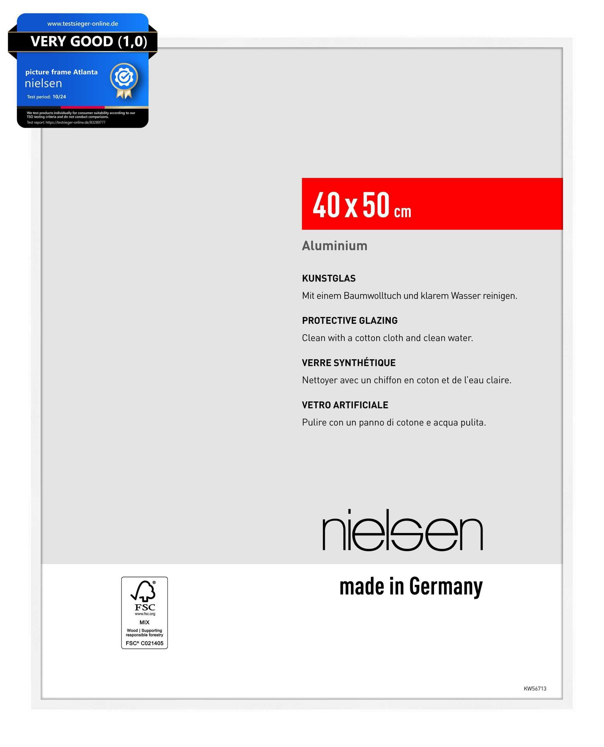 Nielsen Matt White Atlanta Aluminium Picture Frame - 40X50cm - With Synthetic Glass And Push-Turn Clips
