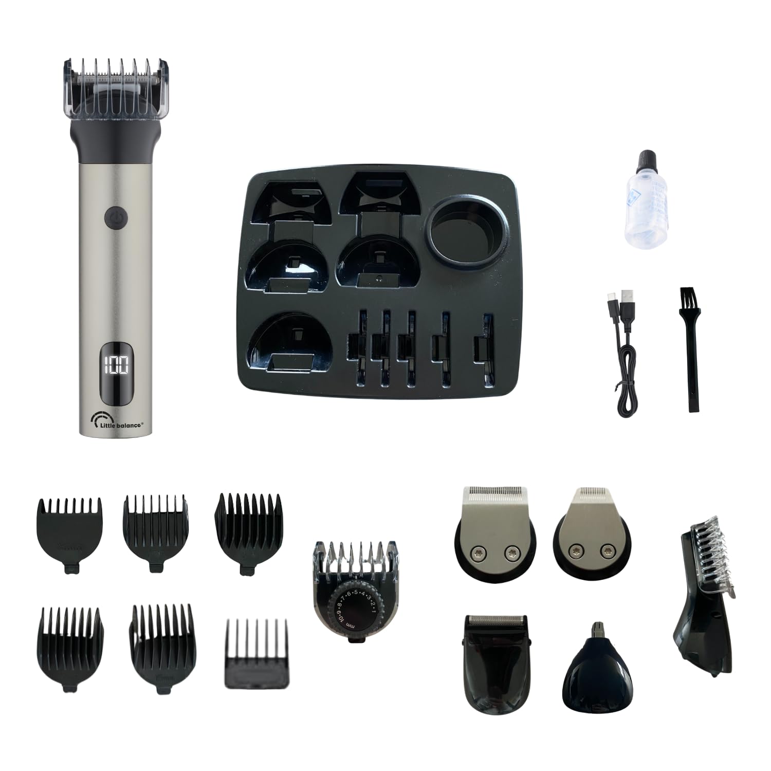 LITTLE BALANCE 8789 Multi 6 Barber Inox, Tondeuse barbe,Tondeuse Cheveux, Rasoir électrique, Tondeuse Corps,Nez Oreilles, Multifonction, 6 têtes interchangeables, Sans fil, Socle de rangement, Noir