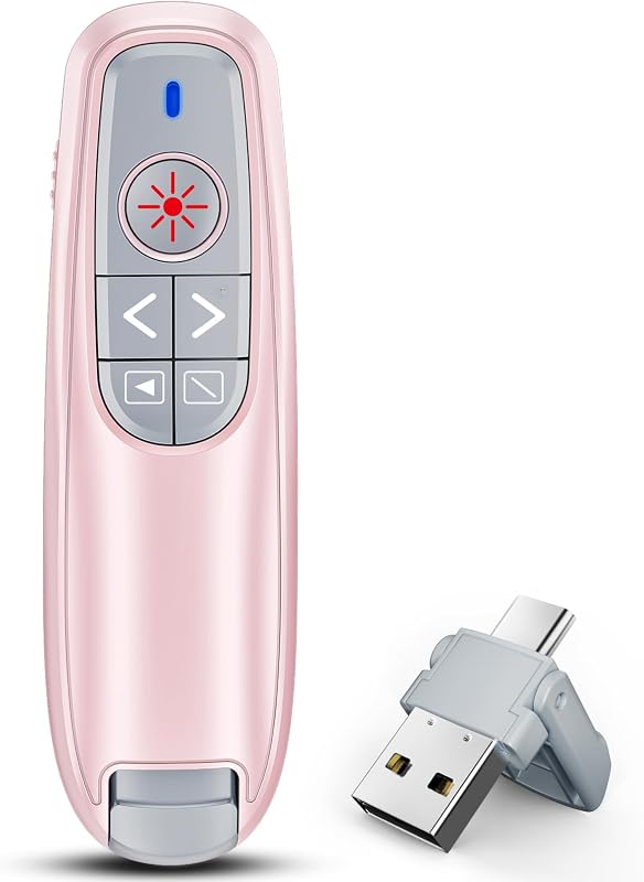 Clicker de presentación para Powerpoint Presenter Remote con puntero láser | Avance Deslizante Inalámbrico para Computadora/Mac/Laptop/PPT, Puntero Rojo, Receptor RF 2.4GHz USB A y Tipo C, Plug and Play, Rosa