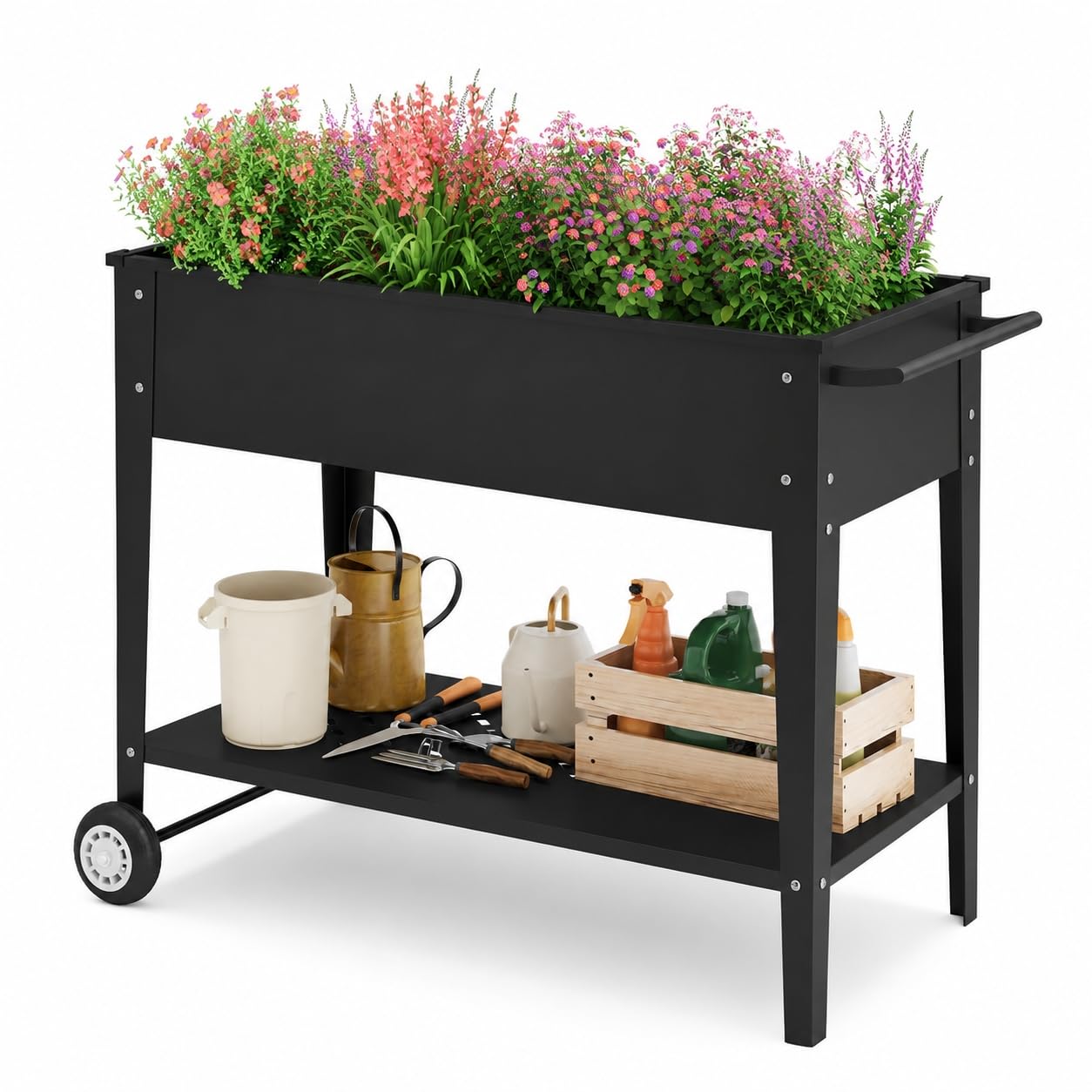 Xbro Huerto Urbano con Ruedas y Estante Inferior, Jardinera Elevada de Metal para Plantas, Flores y Verduras, Macetero Móvil para Terraza, Balcón y Jardín, 104 x 41 x 80 cm, Negro