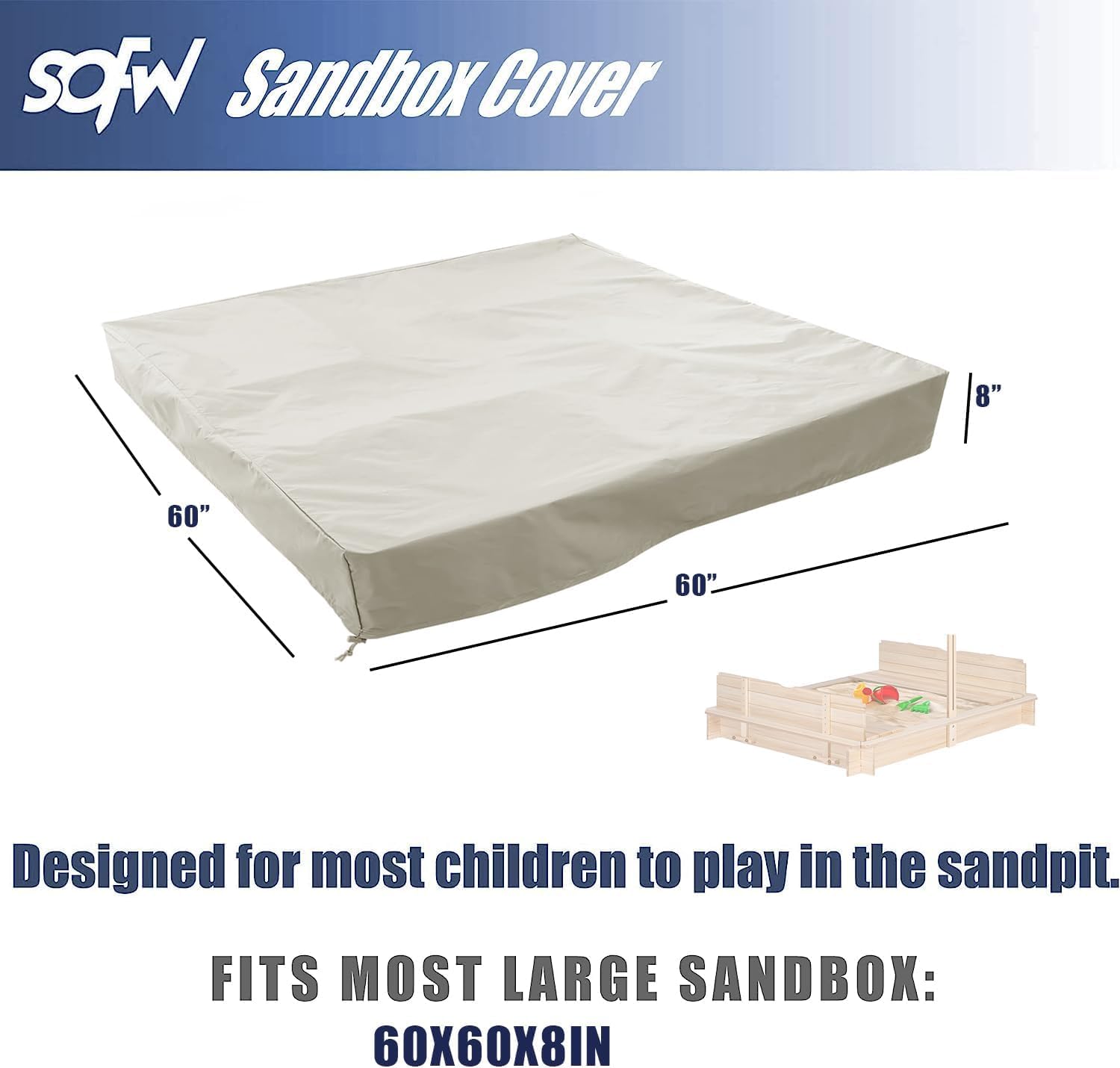 Sandbox Cover, 420D Oxford Cloth Waterproof Outdoor Square Sand Box Cover for Kids, Protect Sandbox Sand and Toys?Khaki?60'' W×60'' D×8'' H?