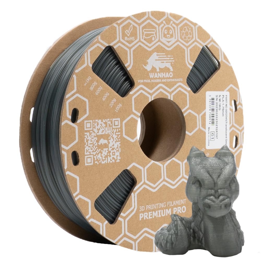WANHAO Filamento: PLA transparente gris premium de 1 kg/1,75 mm – Filamento para impresora 3D