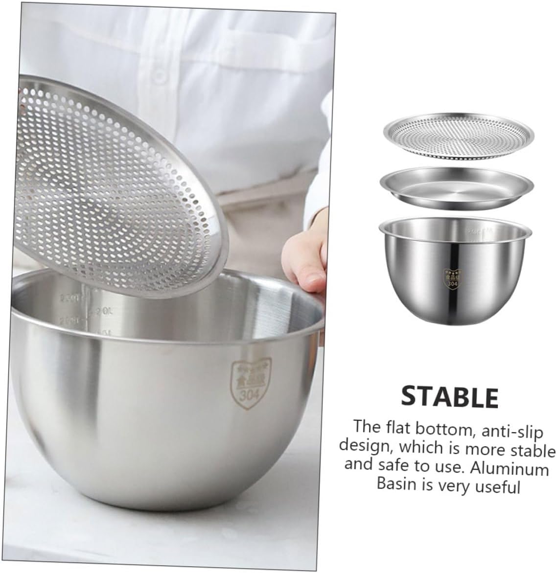 Stainless Steel Colander and Mixing Basin with Anti-slip Flat Bottom Multi-use Kitchen Strainer for Washing Vegetables Rice Fruits and Salad Space-saving Home Accessory