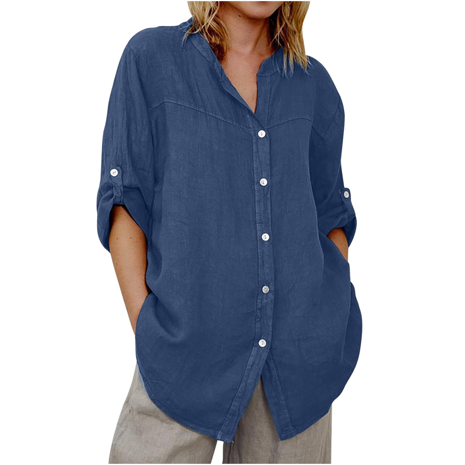 Women Denim Shirts Chambray Casual V Neck Collared Jean Western Blouses Oversized Long Sleeve Button Down Tops