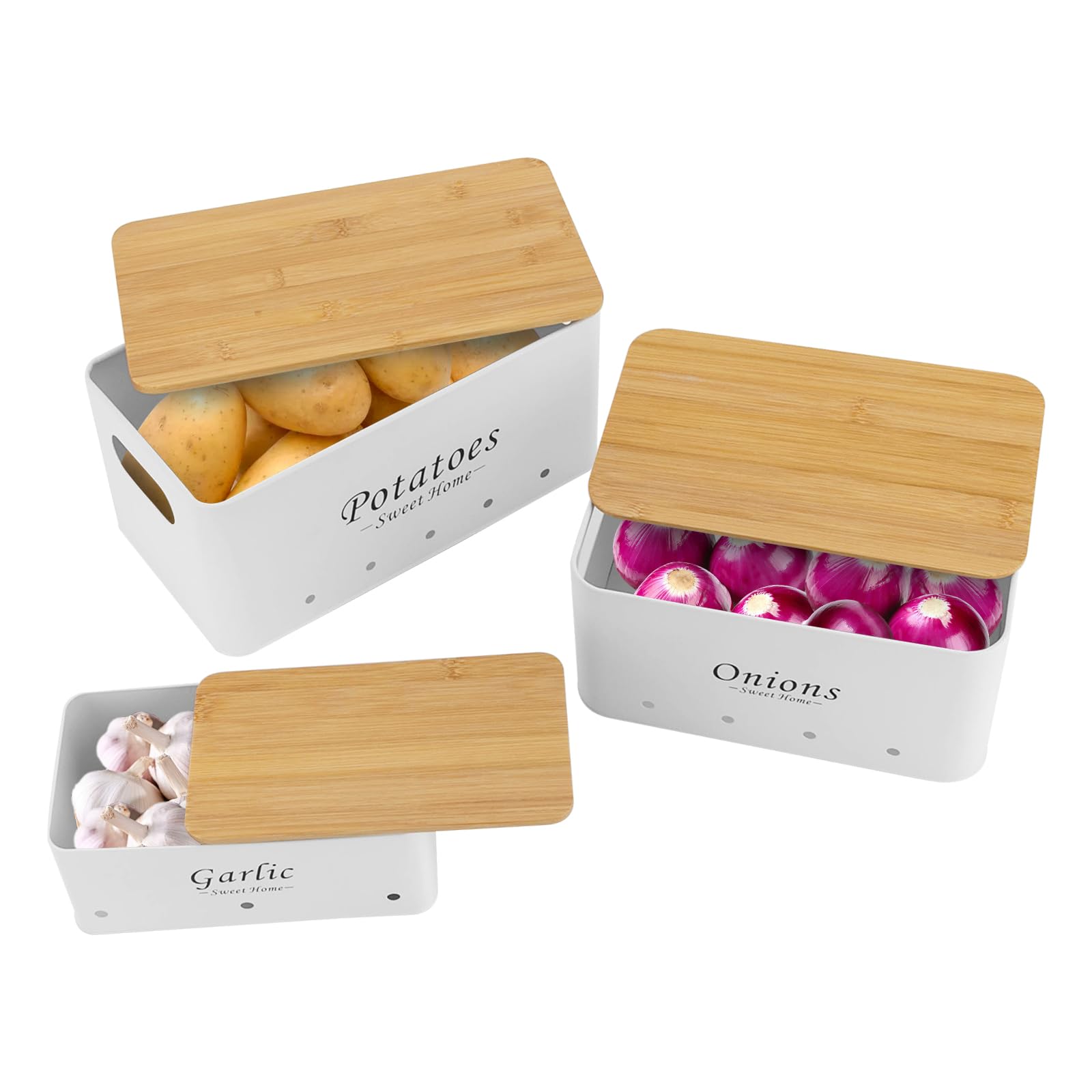 Juego de contenedores de 3 piezas, apilable, con asas ventiladas, recipiente de almacenamiento para organizar cebollas, patatas y ajos en la cámara de almacenamiento de cocina